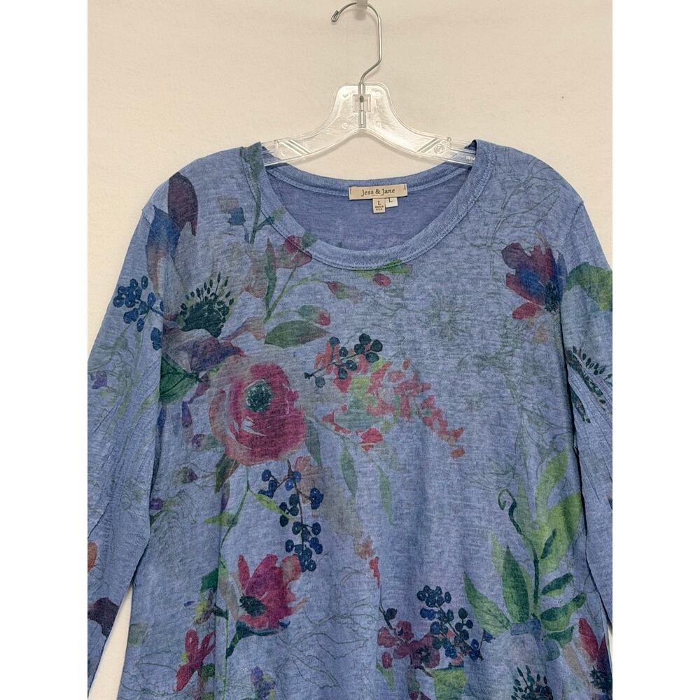 Jess & Jane Long Sleeve Floral Slub Knit Tunic Blue Womens Large Art to Wear - Picture 4 of 10